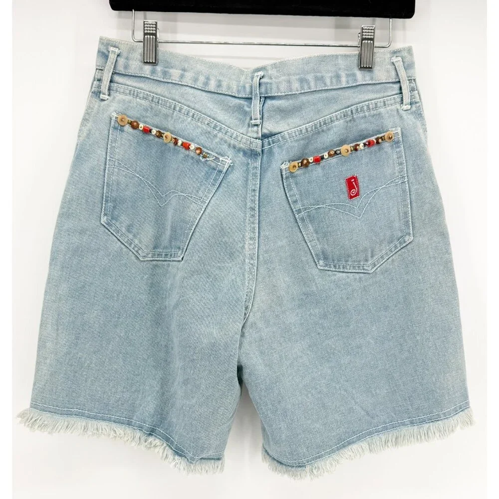 JOU JOU VTG 80s Denim Blue Embellished Long Jean Short 11/12 - Picture 4 of 13